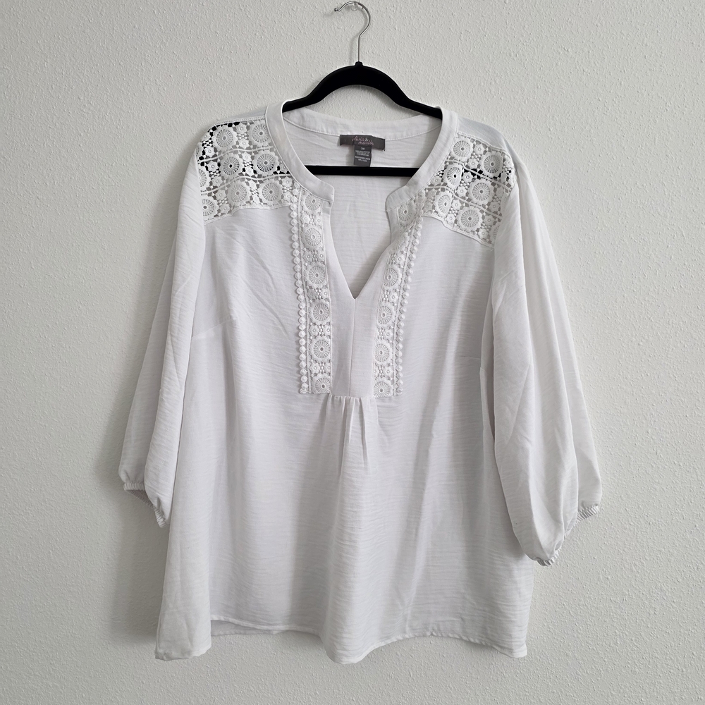 White Crochet-Trim Peasant Top — Relaxed Women's Top 3X